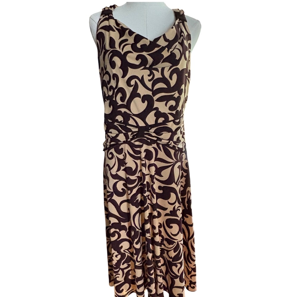 Enfocus Studio Brown Tan Scroll Print Cowl Neck Empire Waist Midi Dress 14